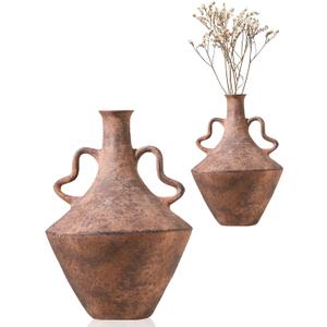UPWOIGH 14x9.06 in Tall Vintage Ceramic Vase with Handles, Antique Terracotta Pottery Vase for Living Room Table Decor, Rustic Farmhouse Bedroom Decoration, Distressed Brown with Black Markings, Gift