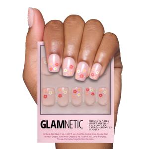 Glamnetic Press On Nails - Pretty Bloom | Short Squoval Nails with Flower Accents, Reusable Stick On Fake Nails with Glue | Love In Bloom Valentines Nails | 15 Sizes - 30 Nail Kit with Glue