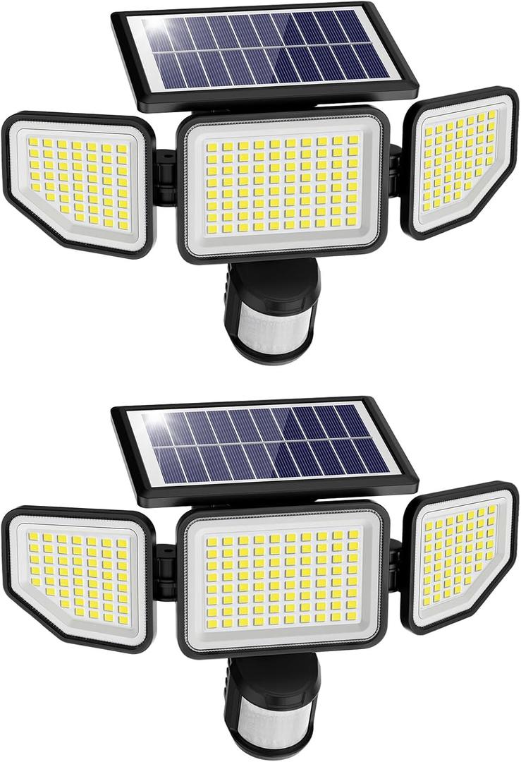 Onforu 4500LM Solar Lights Outdoor, 3 Heads Security Lights with Remote Control, IP65 Waterproof Motion Sensor Lights, 3 Modes Flood Lights for Wall, Porch, Yard, Outside, 2 Pack
