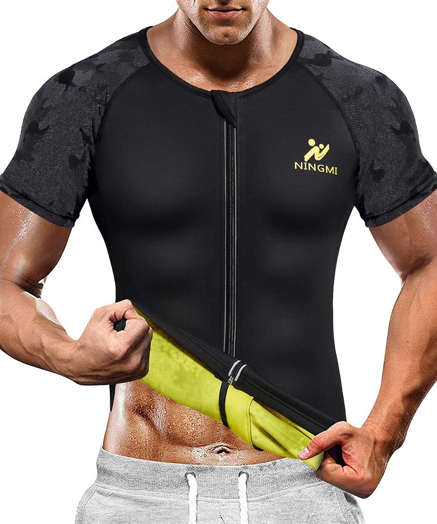 NINGMI Sauna Suit for Men Hot Sweat Suit Sauna Shirt Sweat Body Shaper Workout Neoprene Suit Zipper Short Sleeve (Black, 6XL)
