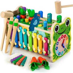 6-IN-1 Wooden Montessori Toys for 1 Year Old, Mole-Tapping Game | Play the Xylophone | Frog Clock | Carrot Harvest Game | Spinning Gear, Toddler Toys Aged 1-4, Baby Toy Gift for Early Learning (Green)