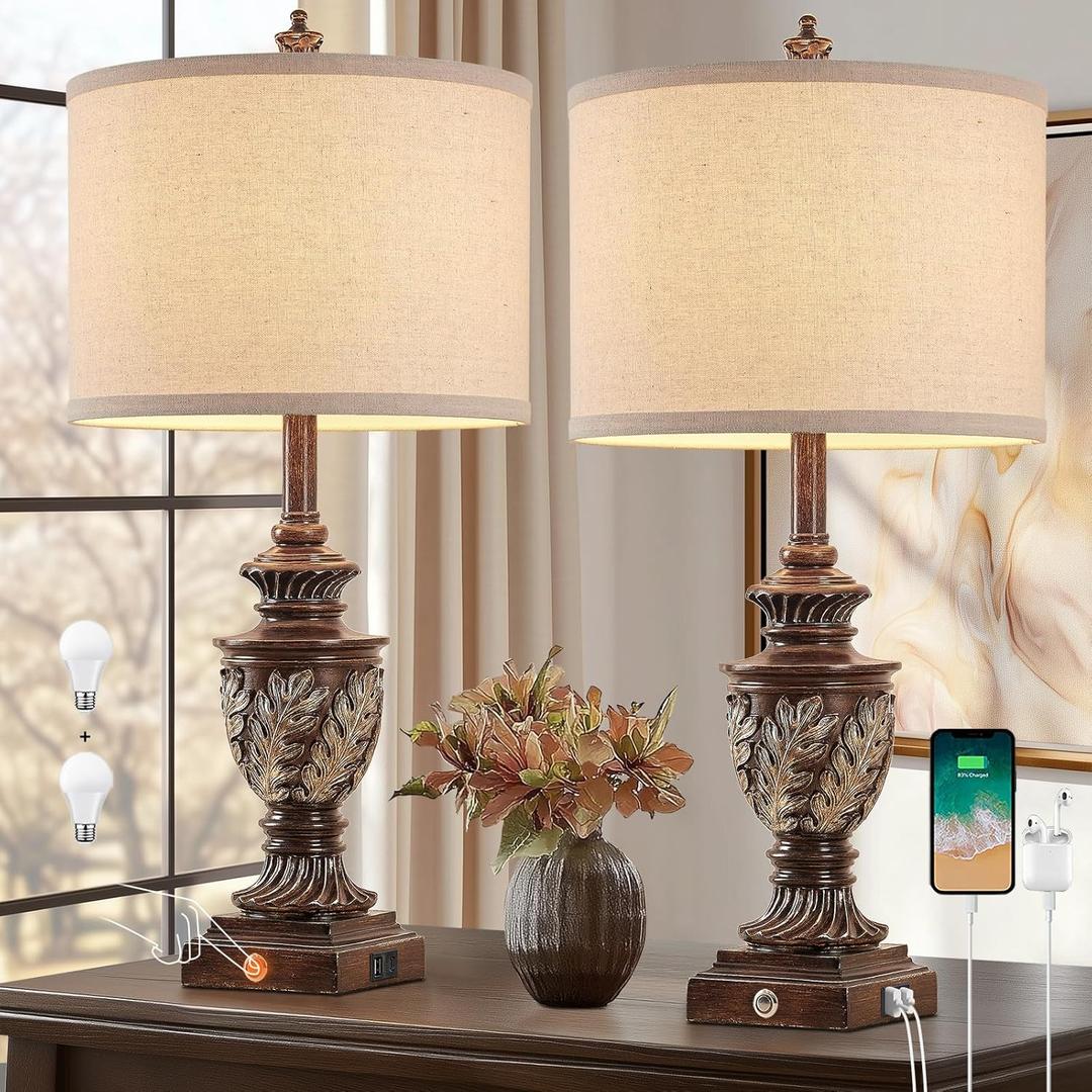 Farmhouse 3-Way Dimmable Touch Table Lamp Set of 2 for Bedroom Living Room with USB A+C Charging Ports 27.75" Tall Rustic Traditional Nightstand Bedside Lamps Brown End Table Lamp (2 Bulbs Included)