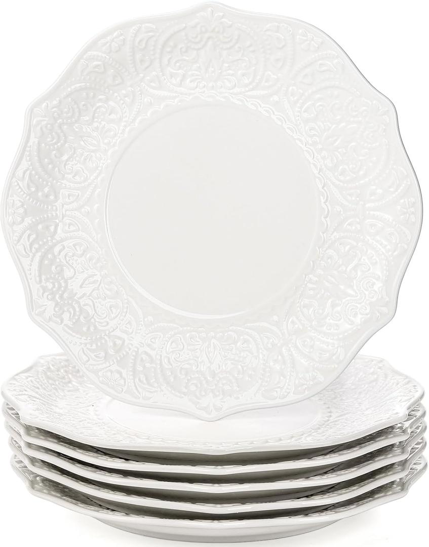 SOUJOY Set of 6 Salad Plate, 8 Inch Porcelain Dessert Serving Plates, Embossed Printing Small Dinner Dish for Pancakes, Steak, Microwave, Dishwasher Safe