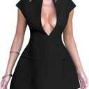 YMDUCH Women's Sexy Deep V Neck Cap Sleeve A-line Mini Club Party Dress, Black Large