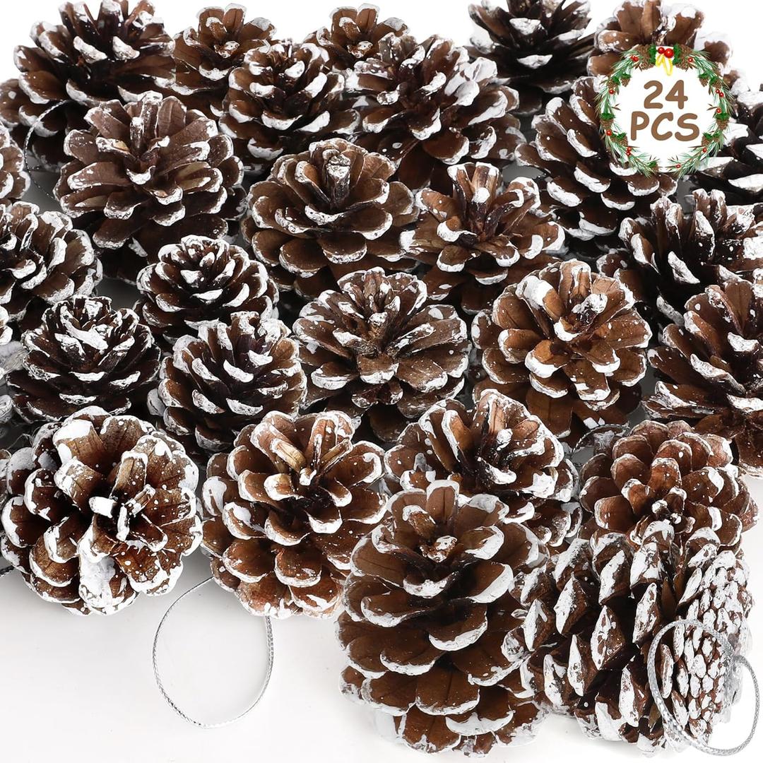 24 PCS Natural Pine Cones, 1.96 in Pinecone Ornaments, Pine Cones for Crafts with Sliver String, Decorative DIY Craft for Christmas Tree Christmas Table Decorations, Winter Decor Vase Filler