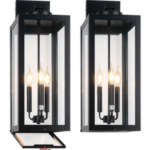 24" Extra Large Fully Enclosed Outdoor Light Fixture 3-Light, Black Outdoor Porch Lantern Wall Mounted, Waterproof Modern Outside Wall Sconce Coach Lamp with Tempered Glass for House, E12, 2 Packs
