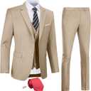 Men's Slim Fit 3 Piece Suit Two Button Business Wedding Dress Tux Suit Set Jacket Vest Pants with Tie (Large, Champagne)