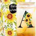 Birthday Gifts for Women, Initial Glass Cups w Lids and Straws, Sunflower Gift for Women, Personalized Gift, 16oz Glass Tumbler Cups W/Straw Lid, Monogrammed Birthday Gifts for Her Mom - A