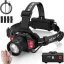 20Modes Headlamp Rechargeable with Zoom&Red Side Light,4000LM Headlight with Motion Sensor 3Color Lights, IP65 Waterproof 90° Adjustable Hiking Fishing Camping Emergency Hard Hat Headlamp