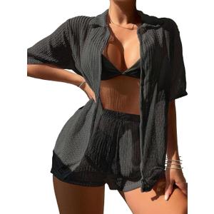 SKAYS Summer 2 Piece Beach Cover Ups for Women Crochet Swimsuit Coverup Cardigan and Short Pant Set (Black, L)