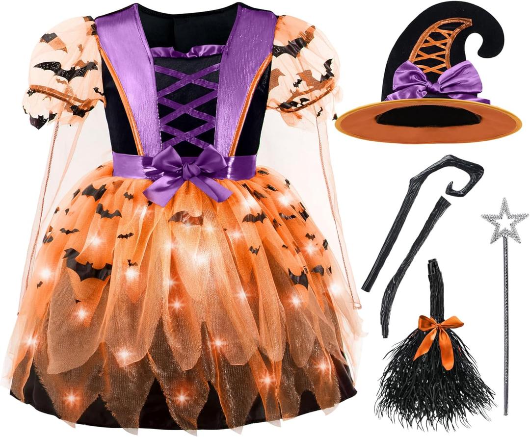 Spooktacular Creations Girls Light Up Witch Costume, Kids Witch Costume with Hat and Broom for Toddler Halloween Dress Party (Toddler(3-4 yrs), Orange)