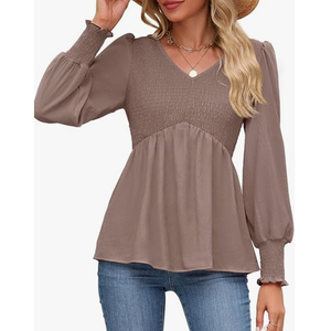 HEYTALALA Womens Long Sleeve Shirts V Neck Peplum Tops Dressy Casual Smocked Babydoll Blouses 2025 Fall Trendy Outfits L