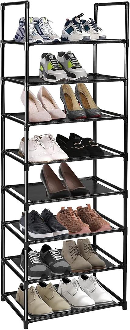 8 Tiers Tall Shoe Rack, Sturdy Shoe Shelf Shoe Organizer Free Standing Shoe Racks 16-20 Pairs Narrow Shoe Rack for Closet Entrance Hallway (Black)