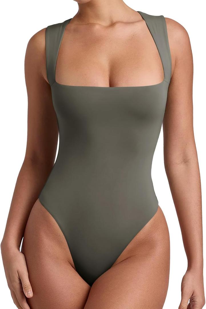 REORIA Butsmooth Womens Sexy Sleeveless Square Neck Double Lined Basic Bodysuit Tank Tops (Grey Green, Large)
