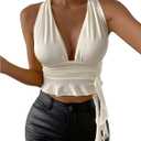 SOLY HUX Women's Sexy Deep V-Neck Halter Crop Top Summer Beach Vacation Clothes Y2K Trendy Tank Top for Going Out Party (Medium, Plain Beige)