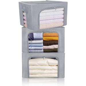 Clothes Storage Box Bins Stackable Foldable Organizer,Sturdy Handles with Metal Frame for Clothing Bedding Shelves,Closet Container with Clear Window Zipper and Label Holder (Gray, 66L x3 Pack)