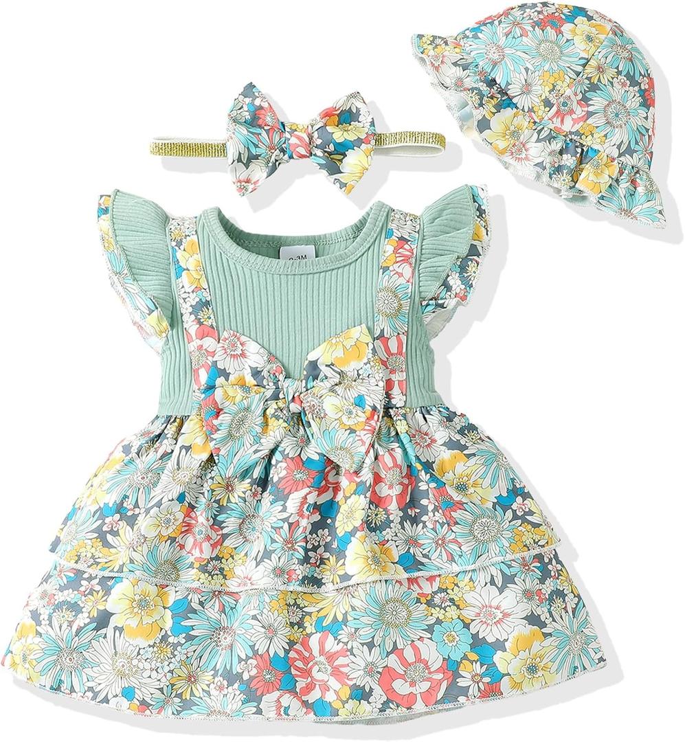 SUNNY PIGGY Baby Dress 12-18 Months Girl Clothes Infant Summer Outfits Toddler Dresses for Girls With Headband Hat Floral Ruffle Sleeve One Piece Green Skirt