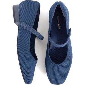 Women's Mary Jane Flats with Arch Support, Square Toe Ballet Flats, Comfortable Knit Dress Shoe (6, Navy Blue)