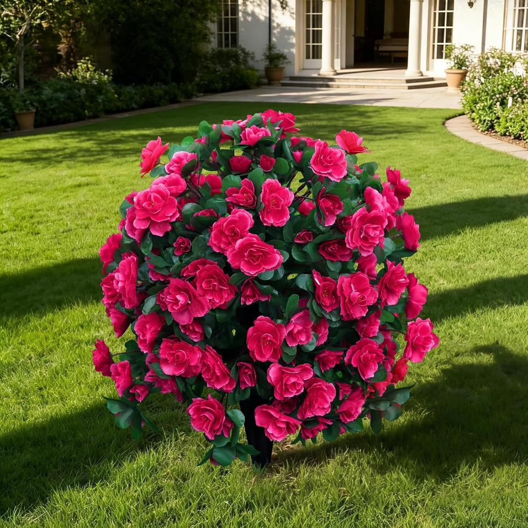 Artificial Flowers for Outdoor with Ground Stakes, 22" Faux Azalea Silk Floral Topiary Ball Bushes Shrubs for Garden Yard Patio Home Decor, UV Resistant (Hot Pink)