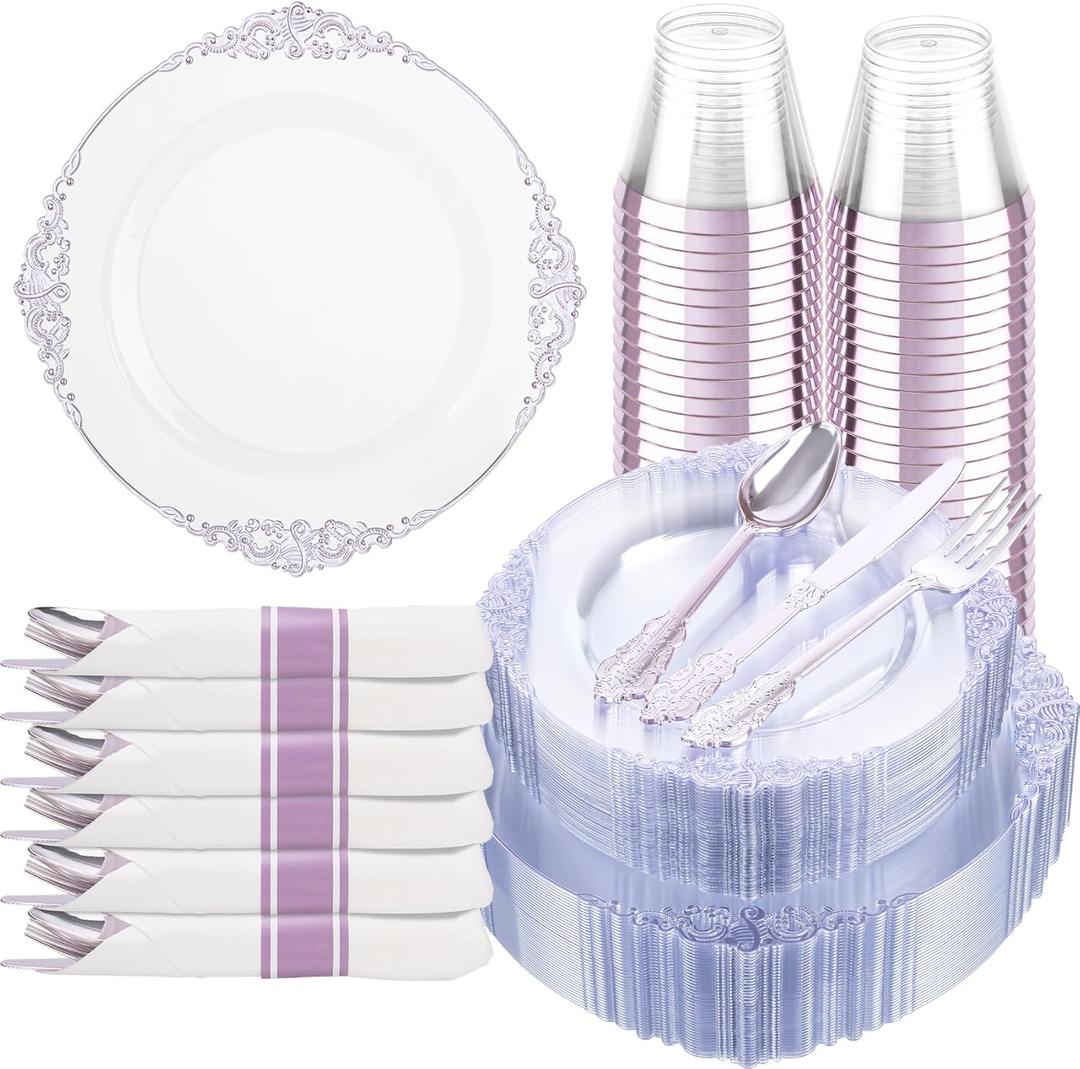 Hioasis 175pcs Clear and Purple Plates - Purple Party Plates for 25 Guest, Include 50 Heavy-duty Plates(20% Thicker Than Standard), 25 Pre Rolled Gold Plastic Silverware Set, 25 Cups
