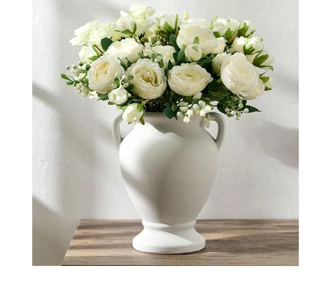 Ceramic Rustic Flower Vase with Handles, 8.46 Inch Tall Vintage Pottery Home Decor, Farmhouse Terracotta Vase for Living Room, Table, Shelf, Mantel Decoration, Farmhouse- Off-White