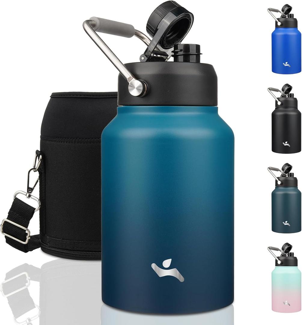 Konokyo Half Gallon Jug with Handle,64 oz Insulated Water Bottle with Carrying Pouch,Double Wall Vacuum Stainless Steel Metal Bottle,Indigo Black