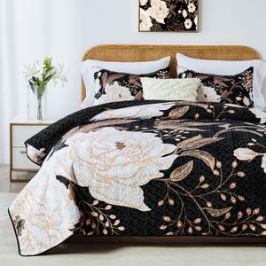 Yogeneg Full Queen Size Quilt Set,White Gold Floral Botanical Pattern Black Bedding Set,3 Piece Lightweight Soft Summer Bedspread Coverlet with 2 PIillow Sham for All Season(Black Floral,90"x96")
