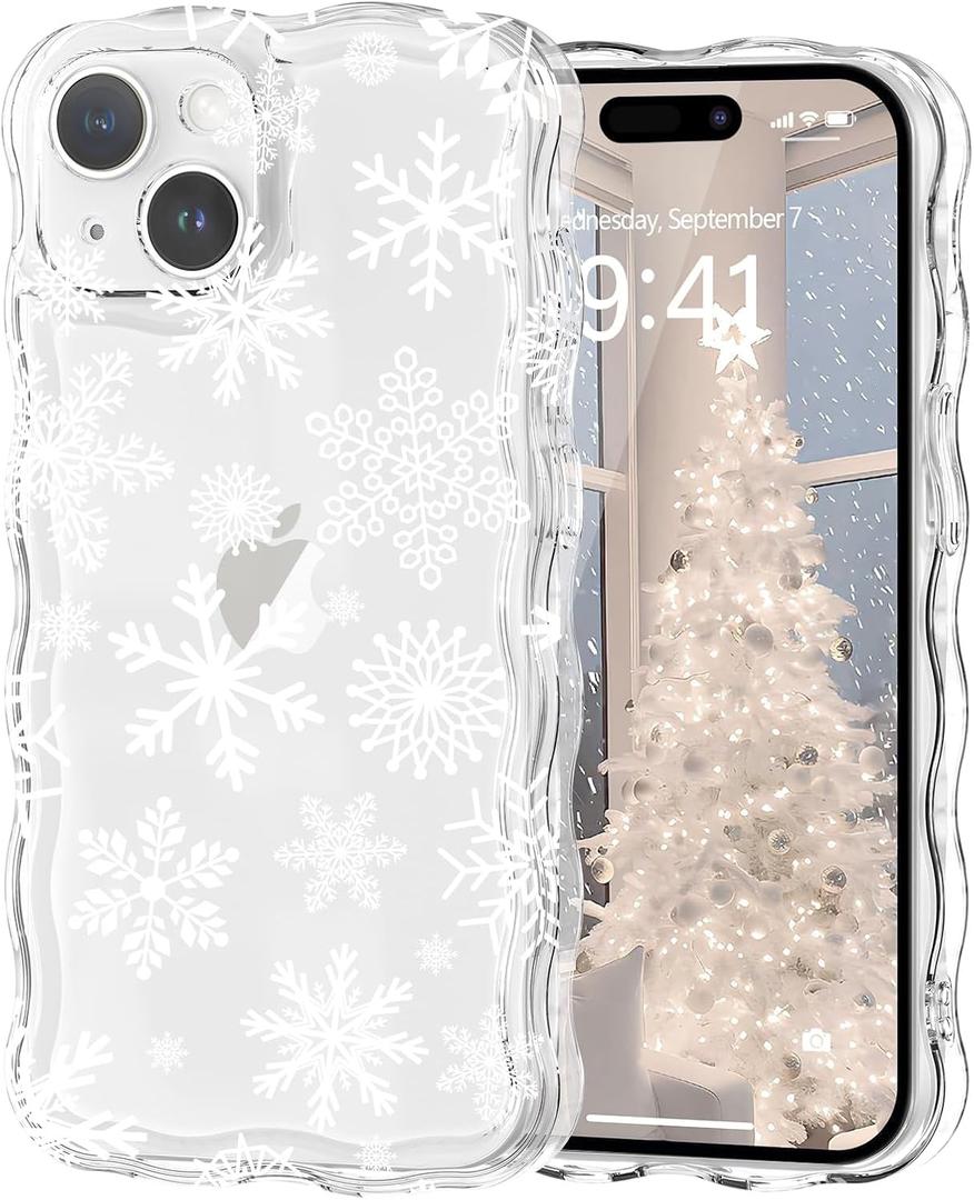 Christmas Phone Case for iPhone 15 Cute Curly Wavy Merry Christmas Pattern Case Clear Aesthetic Santa Snowman Elk Cover for Girls Kids Women Slim TPU Protective Cover for iPhone 15,Snowflake