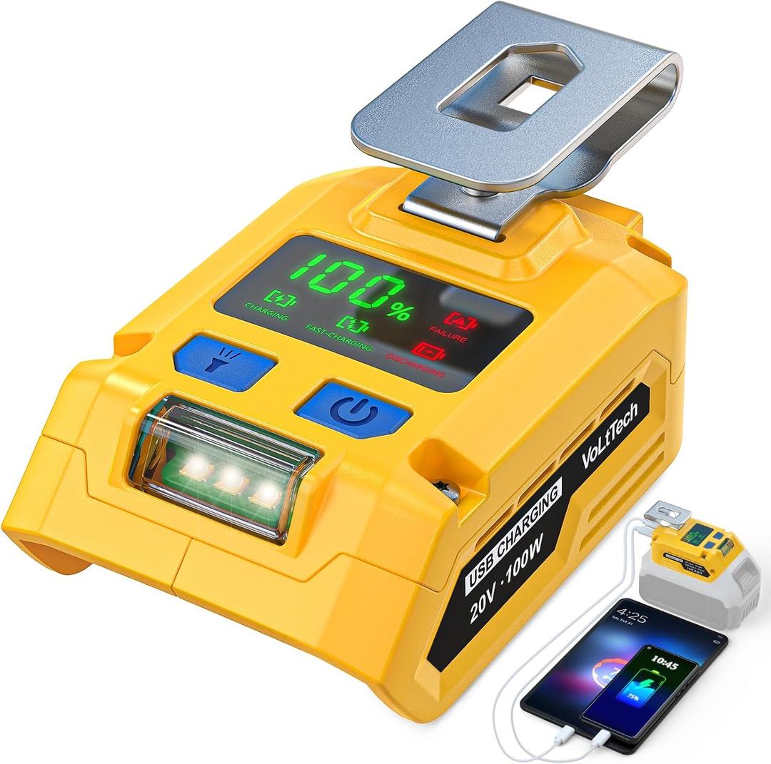 100W Battery Adapter Compatible with Dewalt 20V: VoLtTech Cordless Battery Charger Portable Power Inverter Converter with USB-A & Type-C Fast Charging Port & LED Light for Phone, Tablet, Laptop