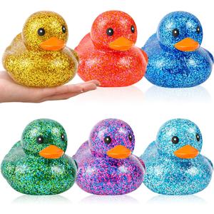 Deekin 6 Pcs 3.54 Inch Glitter Rubber Duck Assortment Toy Duckies Bulk Squeak Rubber Duckies for Kid Baby Bath Shower Pool Classroom Summer Beach Activity