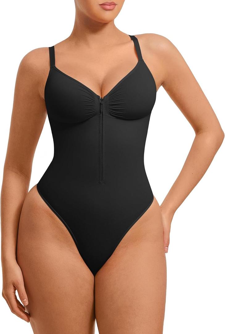 FeelinGirl Shapewear Bodysuits Tummy Control for Women: Seamless Zip-Up Thong Snatched Waist Body Suit V Neck Body Shaper Black XX-Large