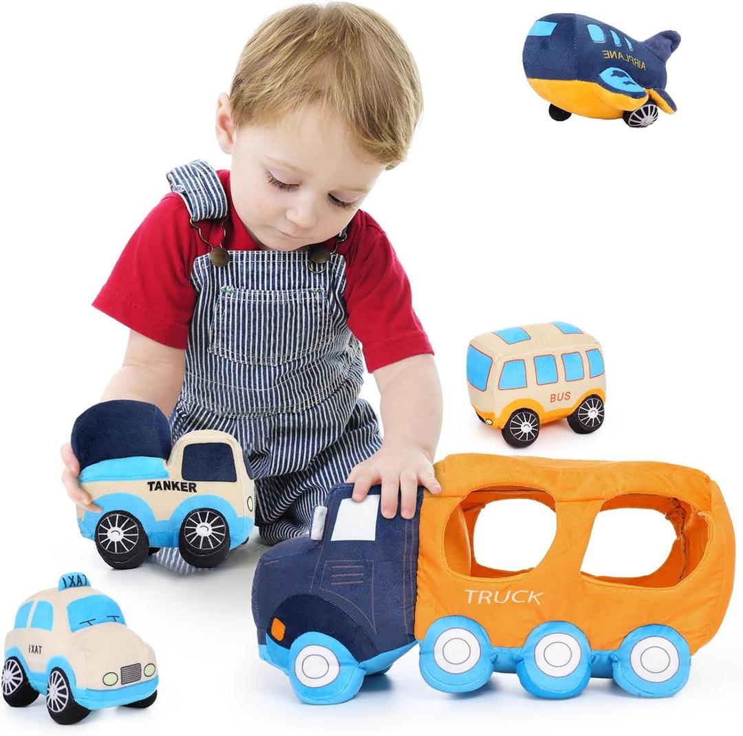 Muiteiur Big Car Stuffed Plush Toy, Soft Truck Toy Set with 4 Stuffed Baby Vehicles Toys Include Taxi Bus Airplane Tanker, Cute Cartoon Plush Gift for Kids Babies (15.7inch)