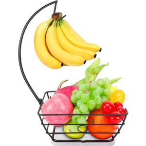 Livabber Countertop Fruit Basket Bowl with Banana Hanger, Modern Standing Fruit Vegetable Bowl Storage, with Banana Tree Holder for Kitchen Dinning Table (Square Marble, Black)
