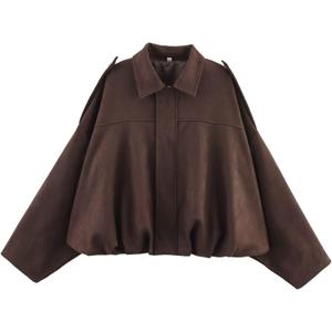 Xunger Women's Faux Suede Bomber Jacket Spring Lapel Pilot Coat Casual Oversized Long Sleeves Trendy Streetwear Outerwear (Coffee, Small)