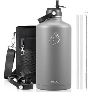 BUZIO Gallon Water Bottle Insulated, 128 oz Large Water Jug Vacuum Stainless Steel Big Metal Flask (Cold for 48 Hrs), Leak Proof & BPA-Free, with Straw and Spout Lids, Grey