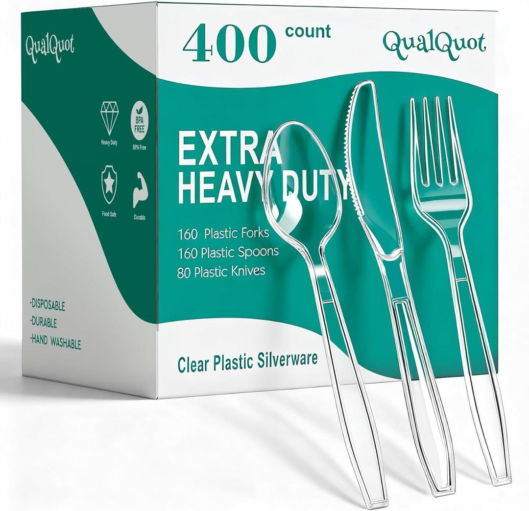 400 Count Clear Plastic Silverware, Extra Heavy Duty Plastic Utensils Set Includes 160 Forks, 160 Spoons and 80 Knives, BPA-Free and Heat Resistant Disposable Cutlery for Party and Daily Use