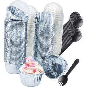 Foil Cupcake Liners with Lids 100Pack,Free-Air 3.5Oz Foil Baking Cups Mini Muffin Liners,Disposable Muffin Tins Muffin Cups,Sturdy Baking Tins Cupcake Wrappers for Individual Bakery,with Spoons-Silver