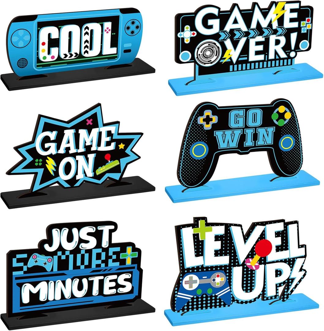 Geetery 6 Pcs Video Game Party Centerpieces Wood Level up Birthday Decorations Gaming Desk Decor Pixelated Table Sign for Adults Birthday Party Theme Fans Supplies(Blue)