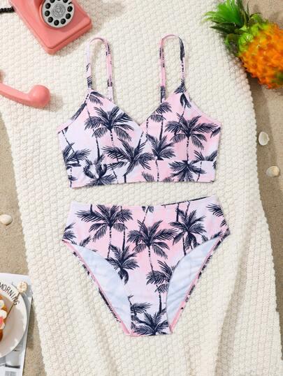 BEAUDRM Girl's 2 Piece Floral Swimsuit Bikini Set High Waisted Bathing Suits Swimwear, Size: 9 Years