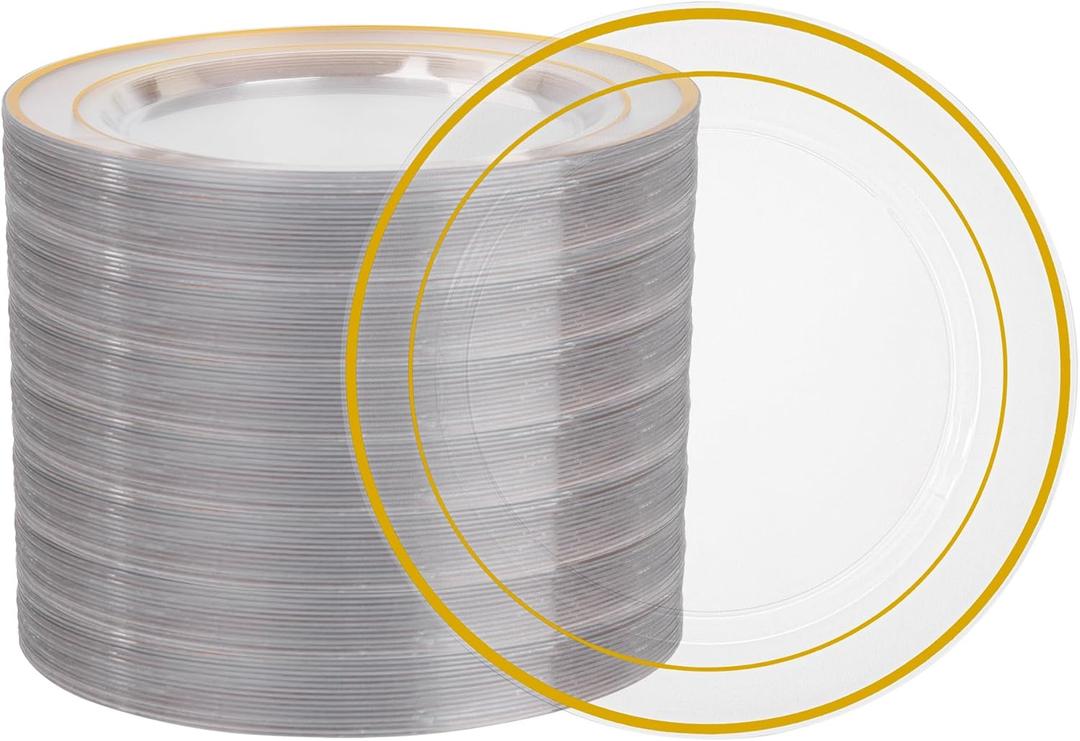 100Pcs Clear Plastic Dessert Plates, Plates Disposable Salad Plate with Gold Rim, Premium Hard Fancy Small Plate, Heavy Duty Plastic Cakes Platos for Party, Wedding and Birthday