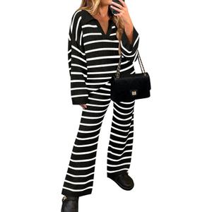 ZESICA Women's 2 Piece Sets Fall Casual Striped Long Sleeve V Neck Knit Sweater Tops and Wide Leg Pants Lounge Matching Set (Black), S