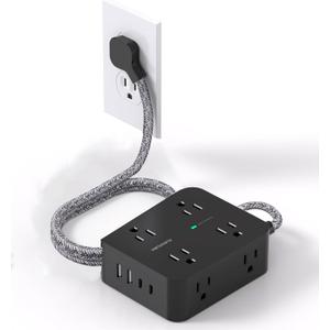 Surge Protector Power Strip 5 Ft, HANYCONY Ultra Thin Flat Plug Braided Extension Cord, 8 Widely Outlet Extender with 4 USB Ports(2 USB C), 1080J, Wall Mount for College Dorm Room Essentials Black