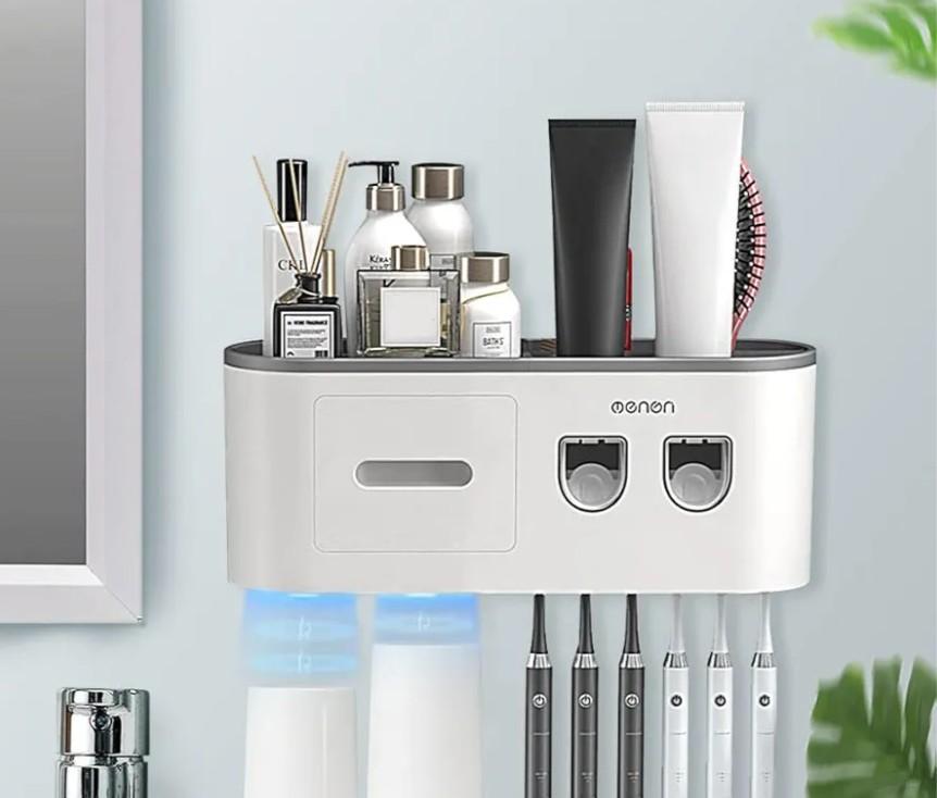Toothbrush Holders Wall Mounted, Toothbrush Holder with Automatic Toothpaste Dispensers, 6 Brush Slots, 2 Magnetic Cups,1 Cosmetic Drawer Organizer and 1 Large Storage Tray