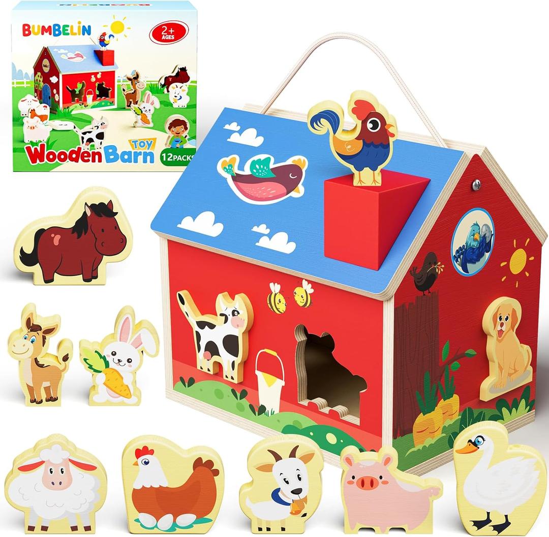 Wooden Barn Shape Sorter Montessori Farm Animal Toys for Toddlers, Educational Pretend Play Barn with Flip-Open Roof & Handle, 12 Animal Blocks, Birthday for 2-4 Boys Girls