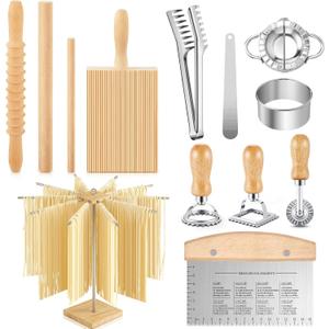 Tioncy 13 Pcs Pasta Making Tool Include Stainless Steel Pasta Drying Rack Gnocchi Board with Roller Ravioli Rolling Pin Pasta Tong Dough Scraper Ravioli Stamp Empanadas Press Mold Maker for Kitchen
