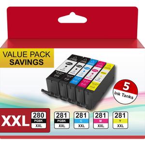 High Yield 280XXL 281XXL Ink Cartridges Replacement for Canon Printers  5-Pack with Upgraded Chip, Crisp Text & Vivid Colors Works with Canon PIXMA TR8620a, TR8520, TS9520, TS9521C, and More
