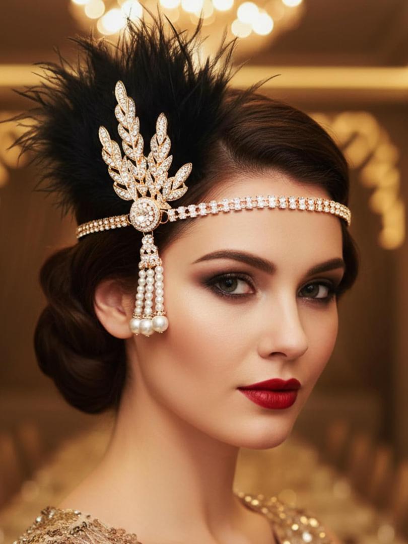 Gortin 1920's Flapper Feather Headband Art Deco Great Gatsby Headpiece Inspired Leaf Medallion Pearl Headband Bride Wedding Headdress Rhinestones Flapper Feather Hair Accessory for Women and Girls (Black Gold)