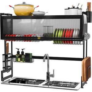 Over The Sink Dish Drainer Drying Rack, 37.4 inch, Kitchen Supplies for Kitchen Counter Multiple Dishes Flatware & Utensil Holder, Black