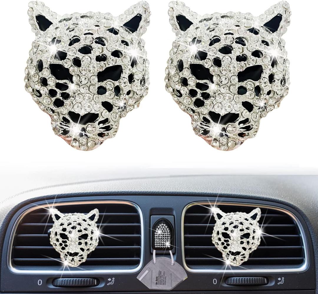 2 Pcs Bling Leopard Air Vent Clips, Crystal Car Air Fresheners Vent Clips Diffuser Vent Clip Rhinestone Leopard Decoration Car Interior Decor Bling Accessories for Women (Silver)