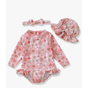 Baby Girl Swimsuit Long Sleeve One-Piece Swimwear with Hat Rash Guard Ruffle Floral Zipper Beach Infant Bathing Suit Newborn